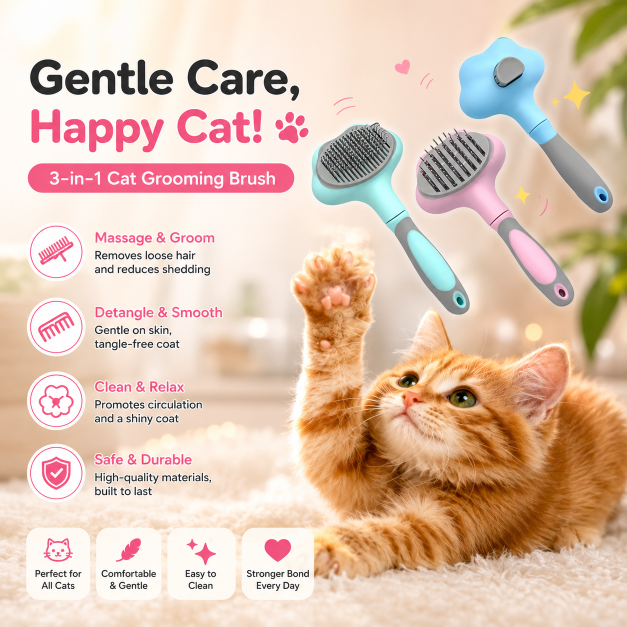 Self-Cleaning Pet Grooming Brush – Removes Loose Hair & Reduces Shedding for Cats & Dogs